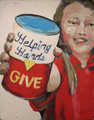 painting of girl giving can of food